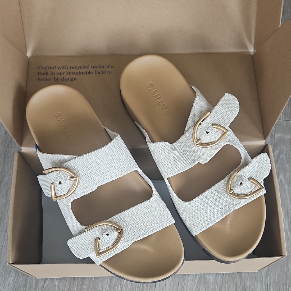 Rothy's White (Sea Sault) Double-Buckle Fabric Slide Sandals